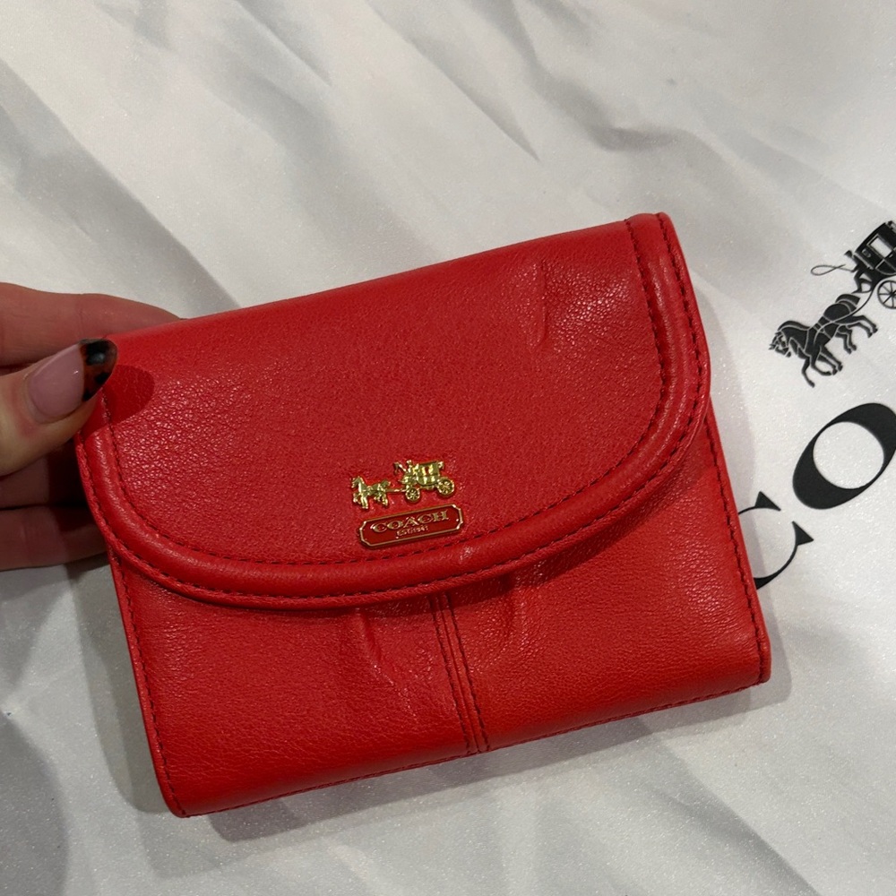 Coach Red Leather Trifold Wallet with Gold Logo Hardware
